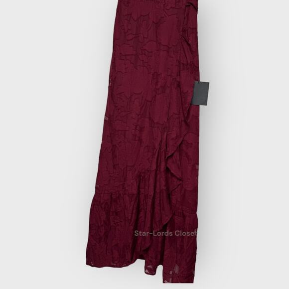 Lulus XS Burgundy Floral Midi Wrap Dress V-Neck Short Sleeve Romantic Occasion - Picture 8 of 10